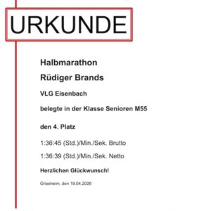Platz vier für Rüdiger Brands VLG beim Halbmarathon in Griesheim